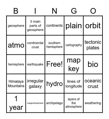 Earth Science Vocabulary Bingo Card