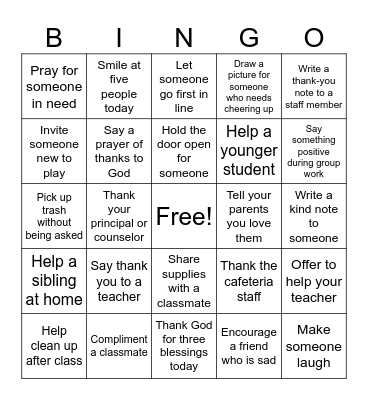 Gratitude and Kindness Bingo Card