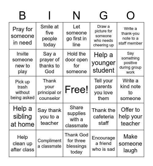 Gratitude and Kindness Bingo Card