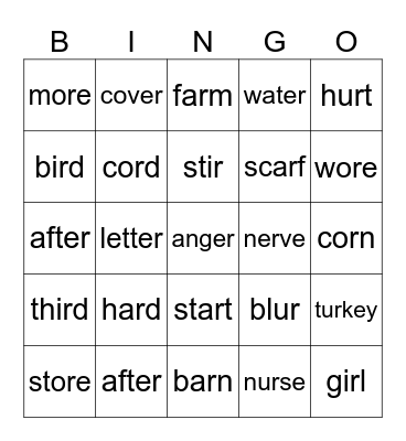 ar, er, ir, or Bingo Card