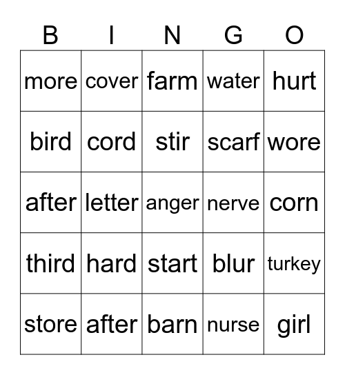 ar, er, ir, or Bingo Card