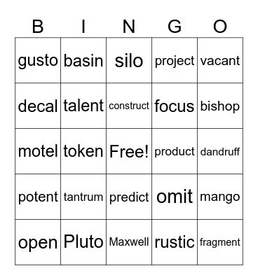 2-Syllable Words Bingo Card