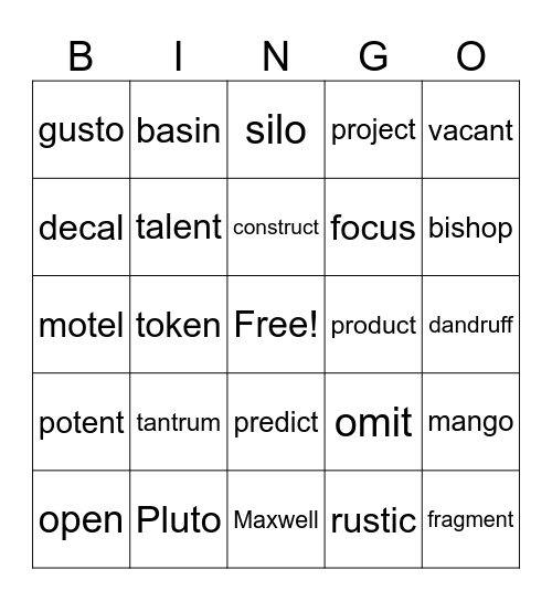 2-Syllable Words Bingo Card