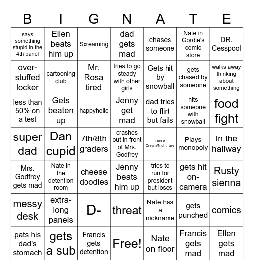 Big nate Bingo Card