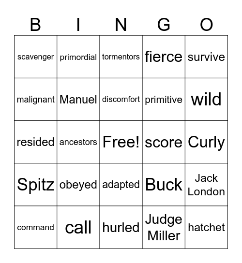 Call of the Wild Bingo Card