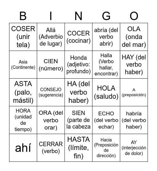 Homófonos Bingo Card