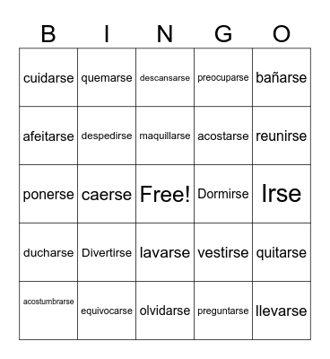 Reflexive verbs Bingo Card