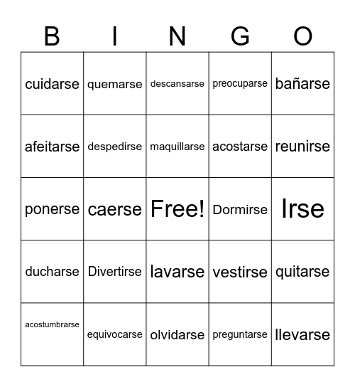 Reflexive verbs Bingo Card