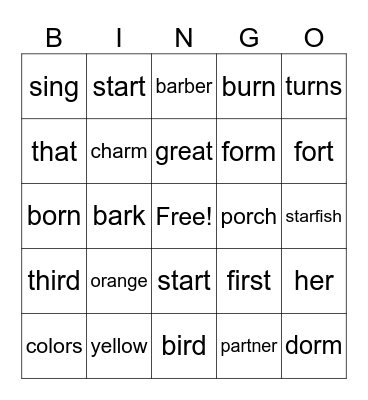R-Controlled Bingo Card