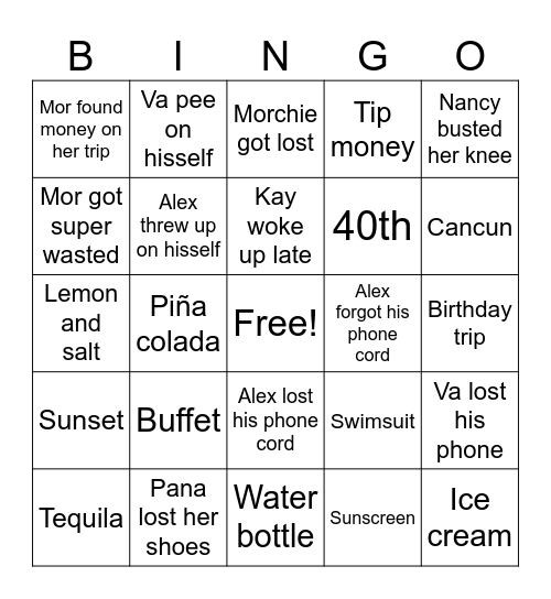 Mor 40th Cancun Birthday Trip Bingo Card