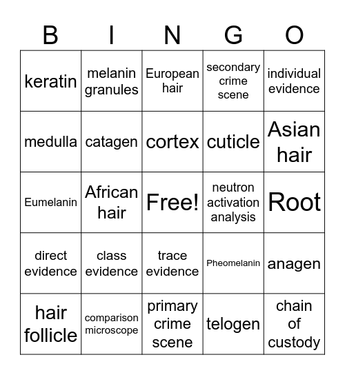 Forensic Hair Bingo Card