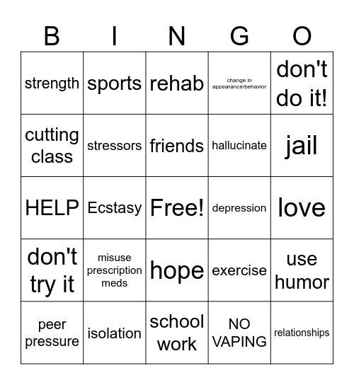 Drug Free Bingo Card