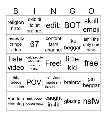 youtube shorts cringe Bingo Card