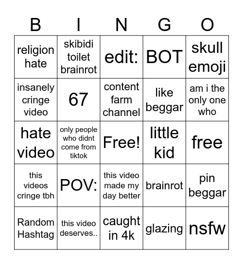 youtube shorts cringe Bingo Card