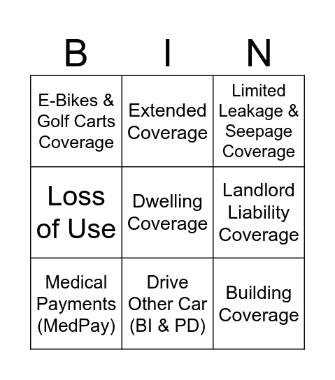 Insurance Bingo Card