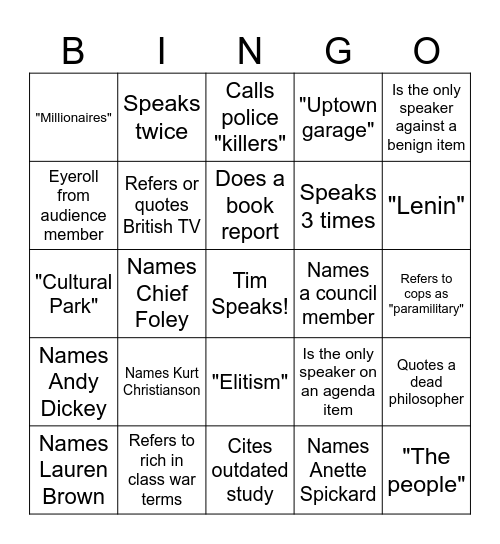 Sedona City Council's Call to the Tim Bingo Card