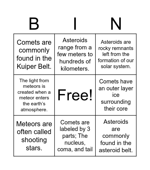 Asteroids, comets, and meteors Bingo Card