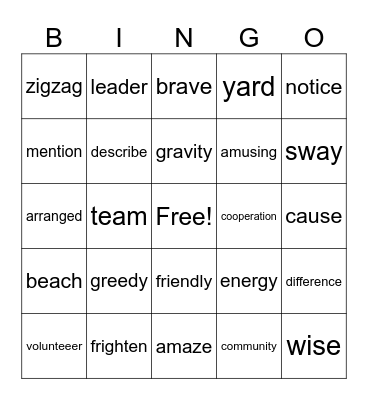 Vocabulary Bingo Card