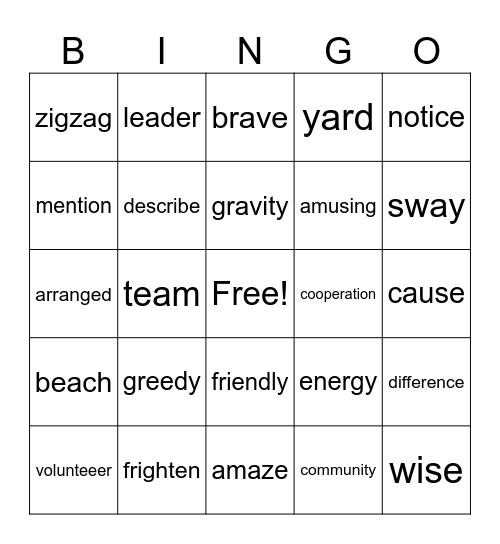 Vocabulary Bingo Card