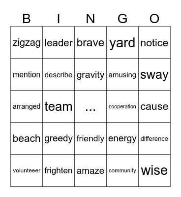 Vocabulary Bingo Card
