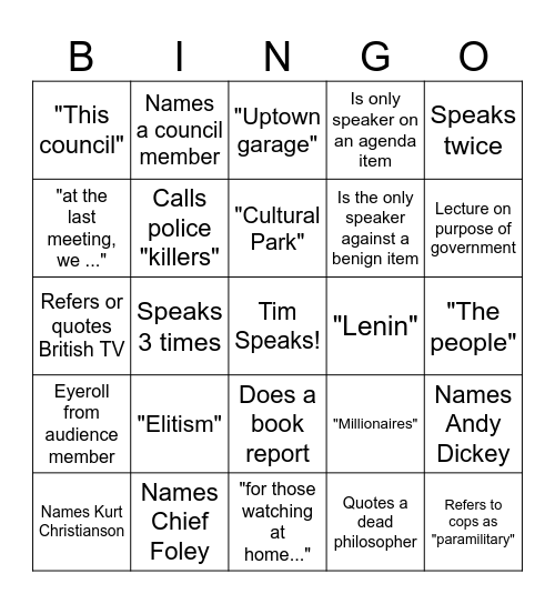 Sedona Council's Call to the Tim Bingo Card