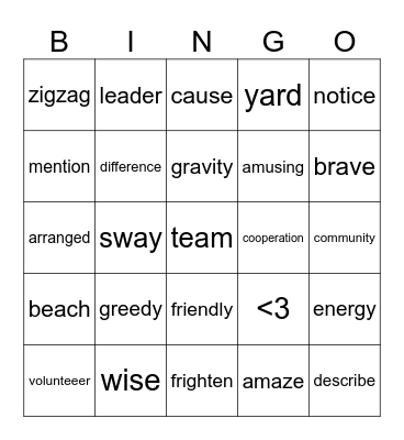 Vocabulary Bingo Card