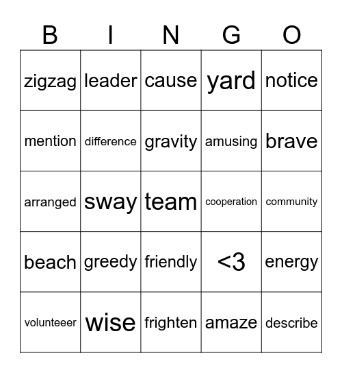 Vocabulary Bingo Card