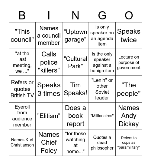 Sedona Council's Call to the Tim Bingo Card