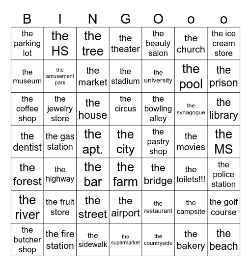 Les endroits: Oú est-ce que tu vas? Bingo Card
