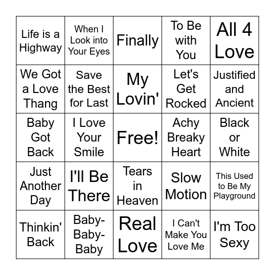 Billboard's Top 40 Songs of 1992- Mariah's Birth Year Bingo Card