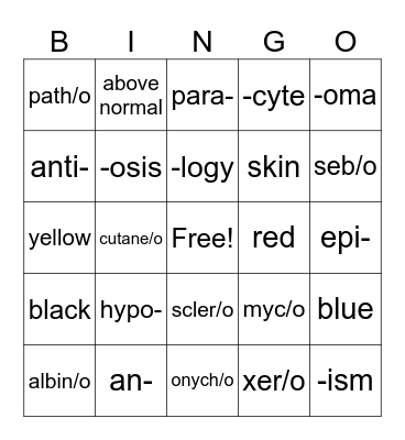 Integumentary System-Medical Terminology Bingo Card