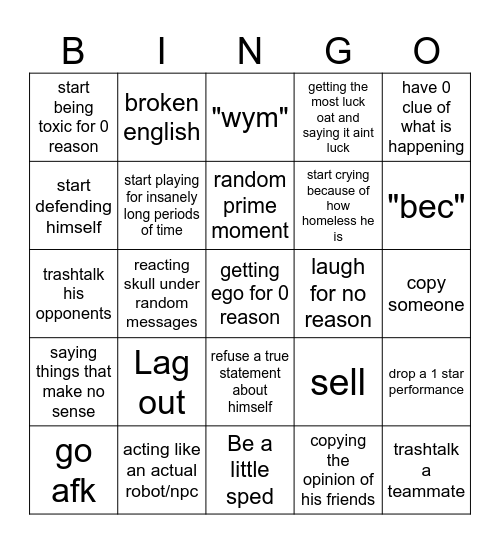 zar in games bingo Card