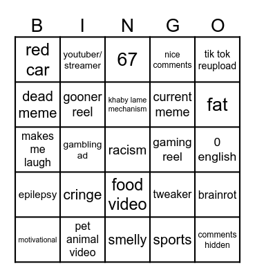 Instagram reel bingo Card