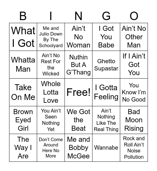 Songs With Bad Grammar In The Title Bingo Card