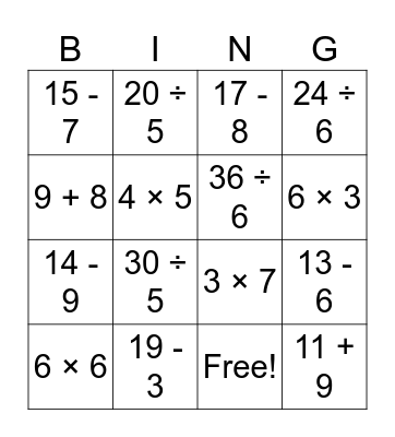 Math Facts-All Operations Bingo Card