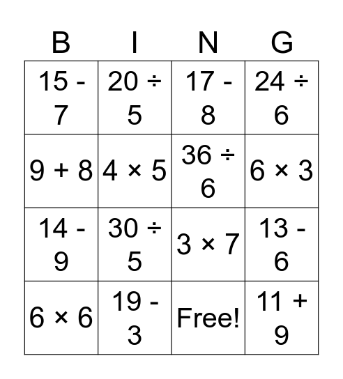 Math Facts-All Operations Bingo Card