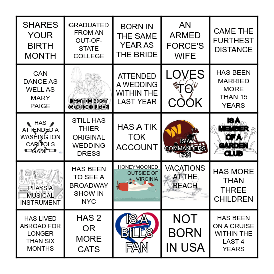 BRIDAL BINGO:  THE GUEST QUEST Bingo Card