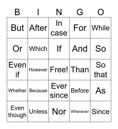 Subordinate Conjunction Bingo Card