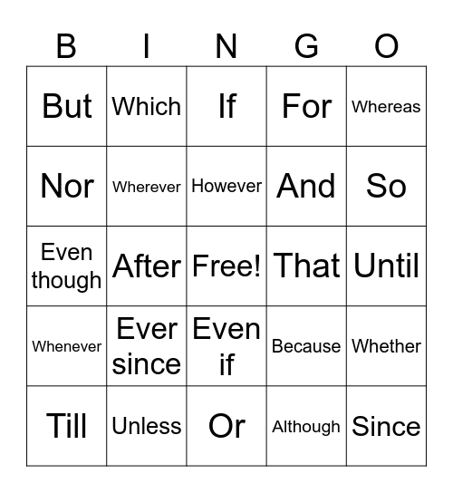 Subordinate Conjunction Bingo Card