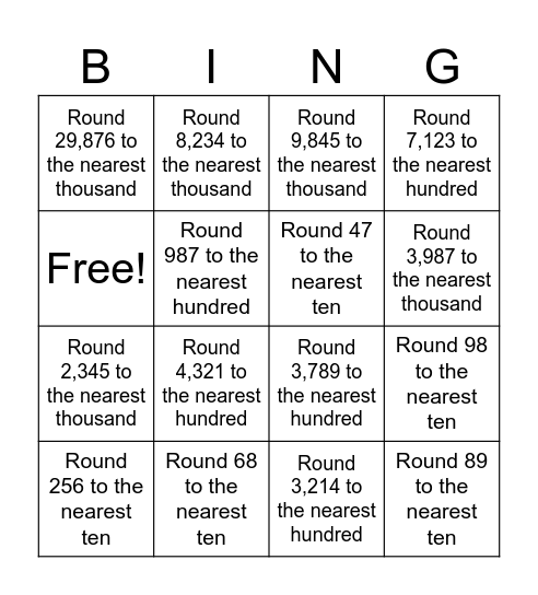Rounding numbers up to thousands Bingo Card
