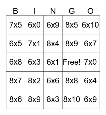 6,7,8 Multiplication Bingo Card