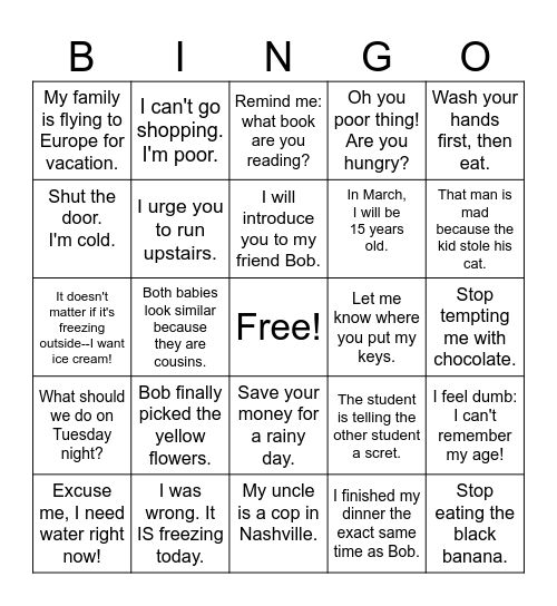 ASL Sentences Bingo Card