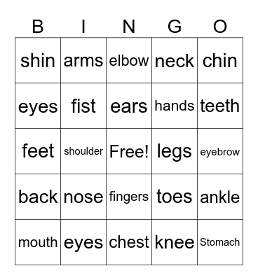 Body Parts Bingo Card