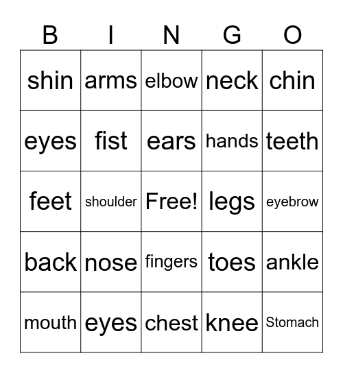 Body Parts Bingo Card