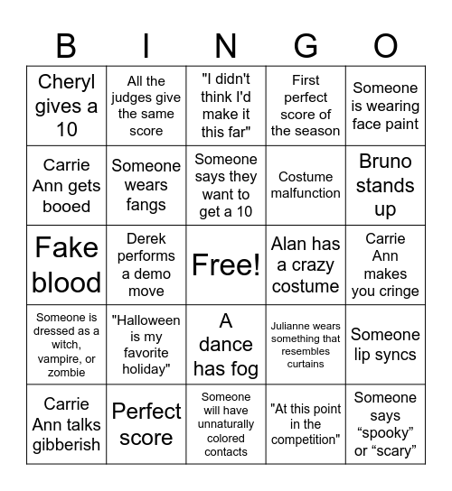 Dancing with the Stars Halloween Night! Bingo Card