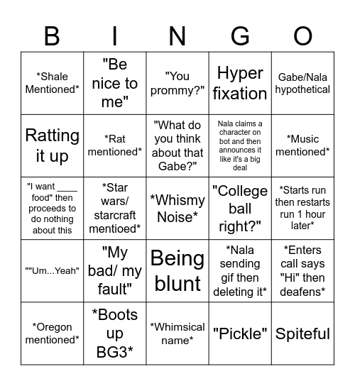 Nala Bingo Card