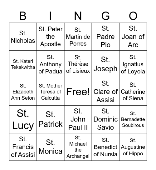 Saints Bingo Card