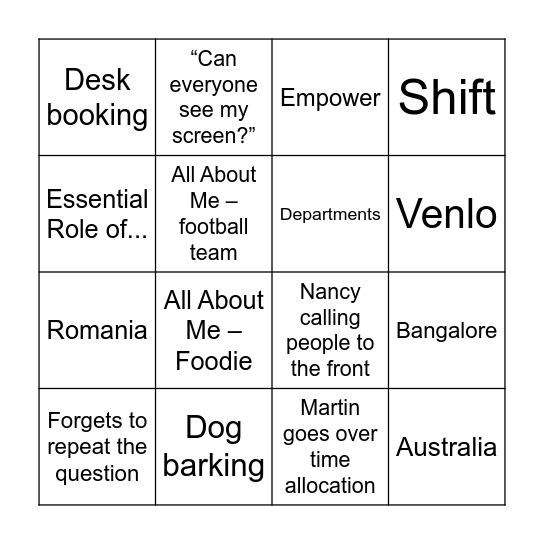 TFP Company Meeting Bingo! Bingo Card