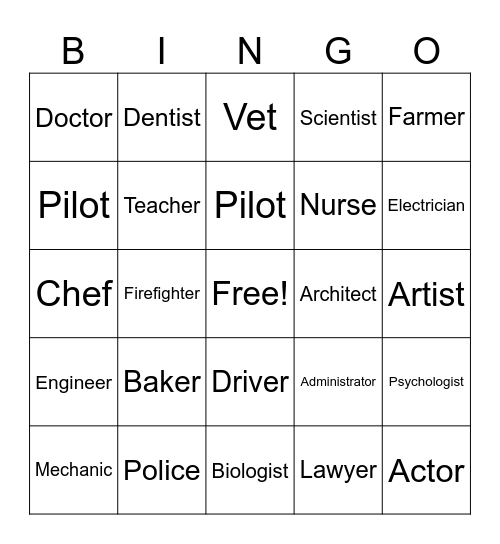 Professions Bingo Card