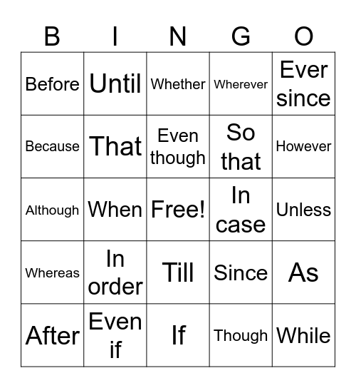 Subordinate Conjunction bingo Card